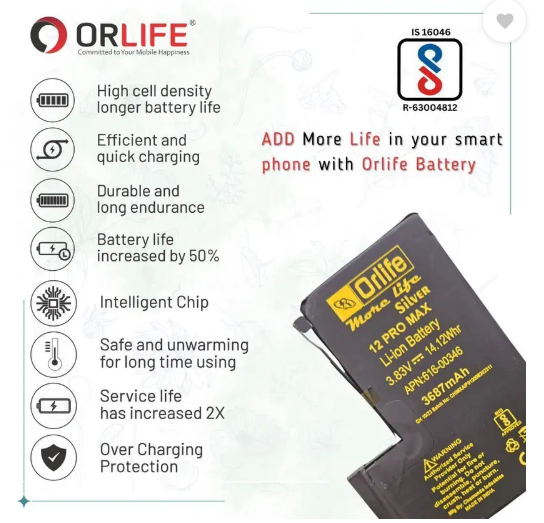 🔋 Orlife Mobile Battery for iPhone 12 Pro Max – 3687 mAh | 1-Year Replacement Warranty - Image 4