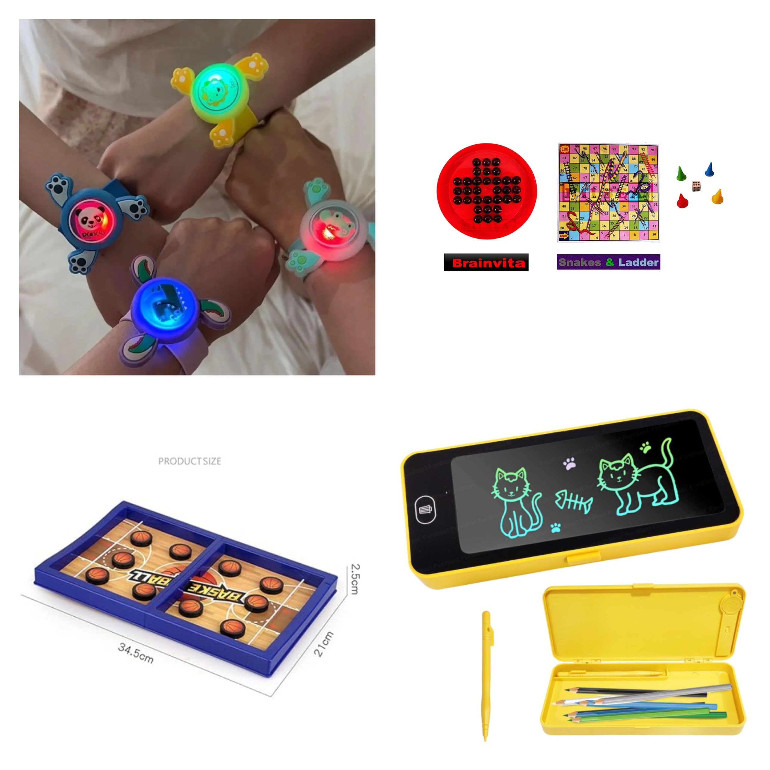 👇 🧩 One Reach 4-in-1 Kids Learning & Fun Combo Pack (Writing Tablet Pencil Case + SlingPuck Basketball Game + Lovely-5 Family Game + LED Fidget Spinner Wristband)
