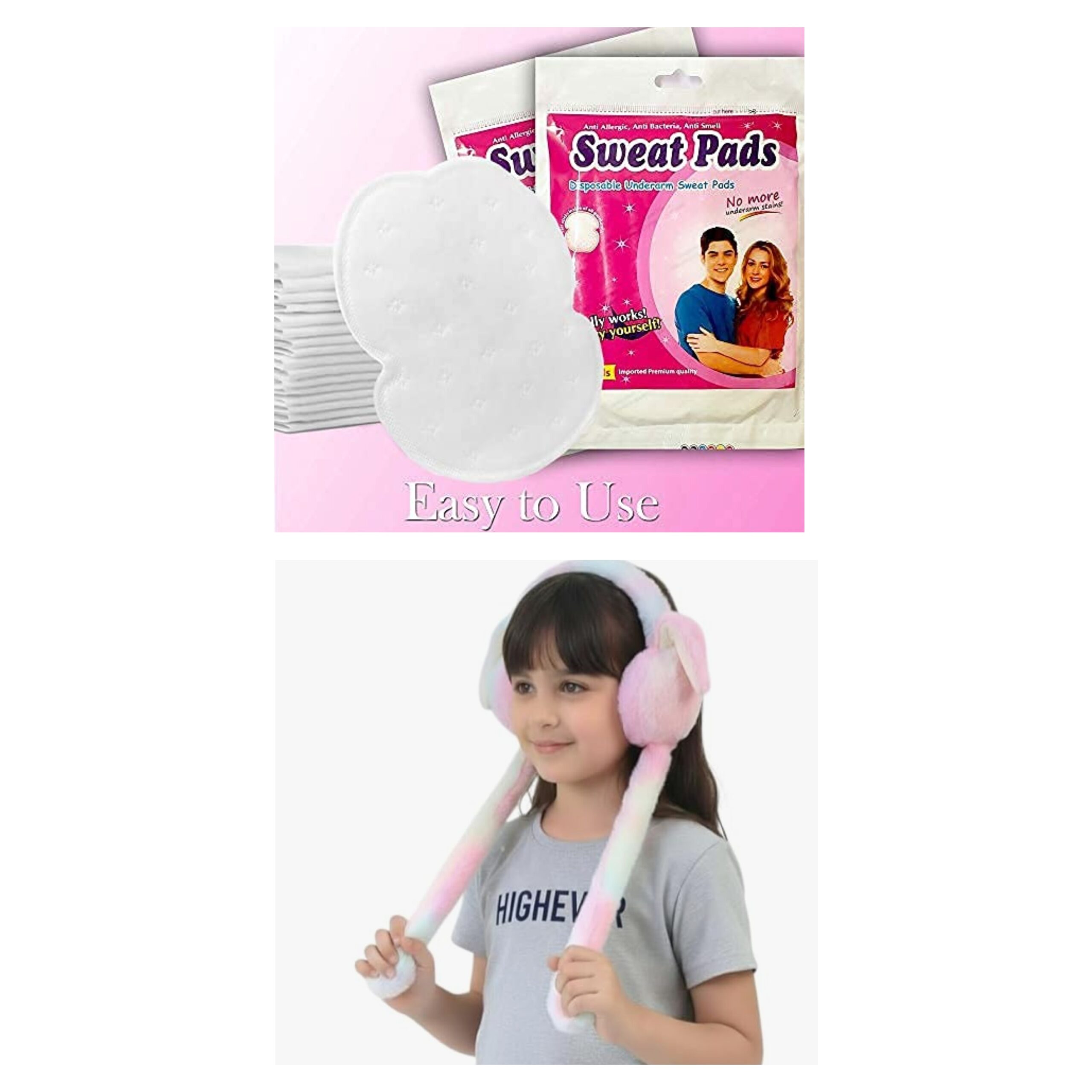🧣 One Reach Winter & Hygiene Essentials Combo Pack (2-in-1) (Moving Rabbit Ear Plush Earmuffs + Disposable Underarm Sweat Pads – Pack of 10)